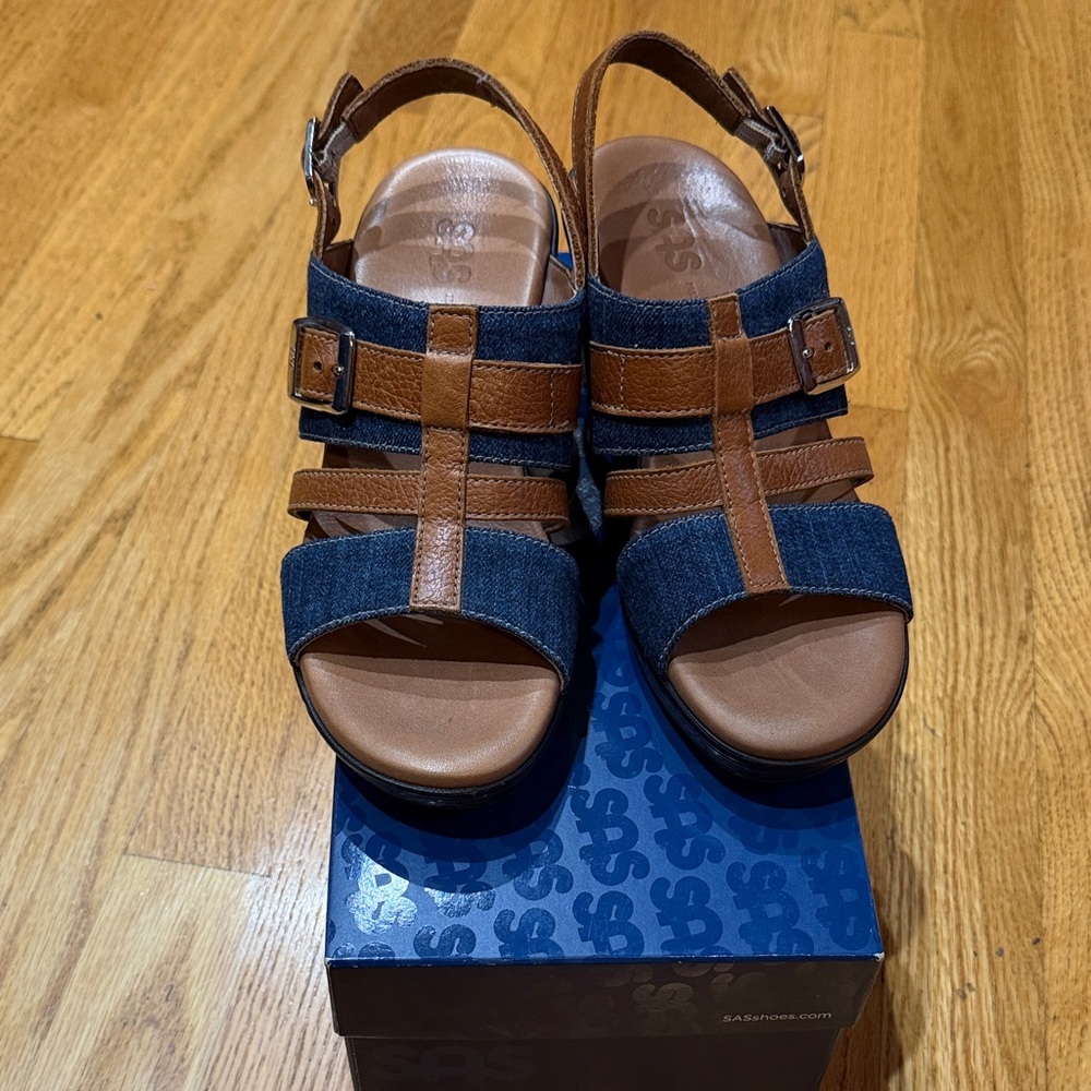 Sas Layla Blue Jean T Strap Wedge Sandals